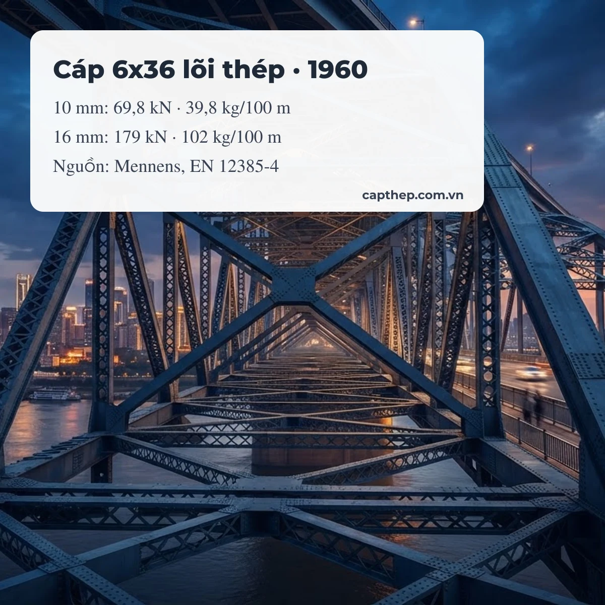 Bảng tra tải trọng cáp thép 6x36 lõi thép theo đường kính