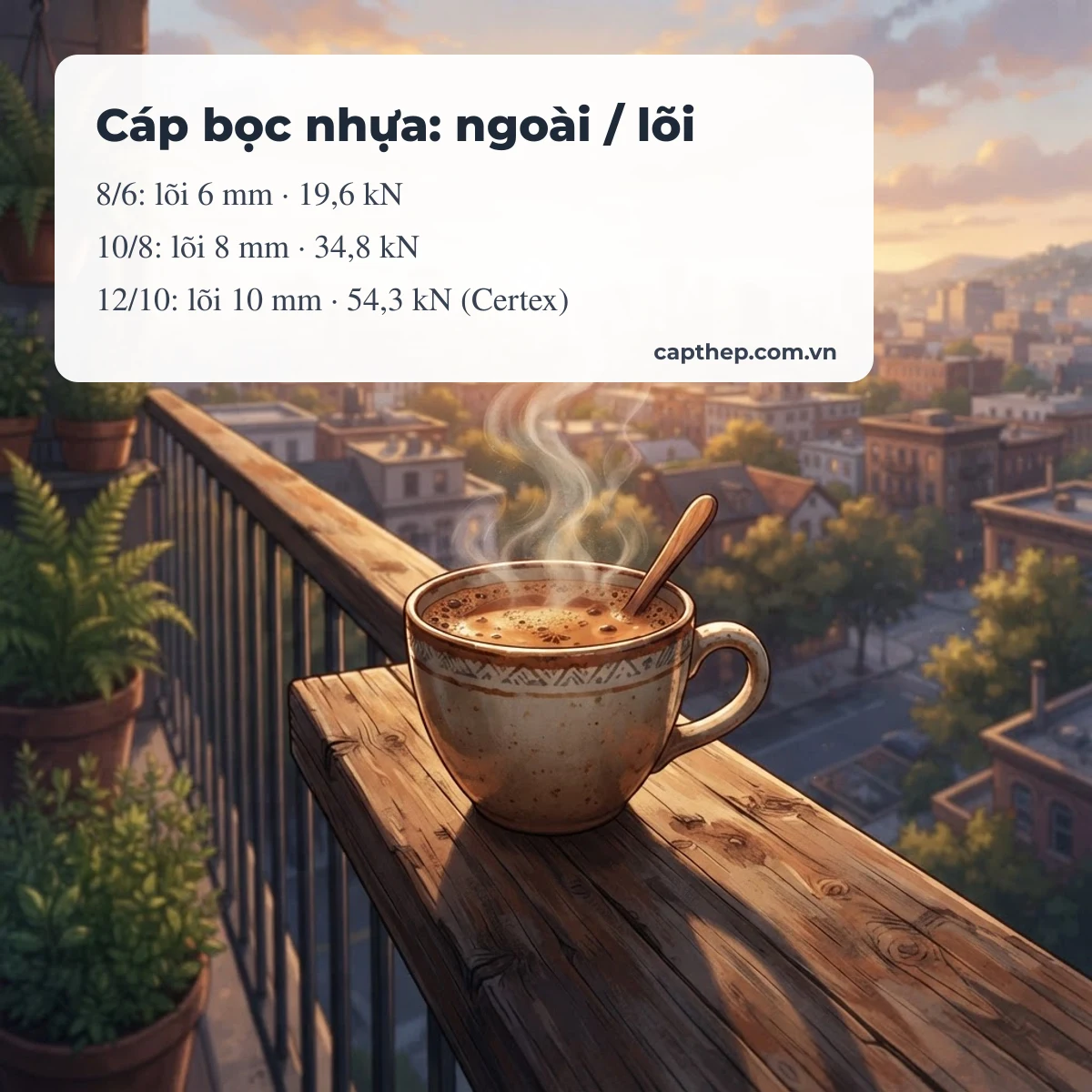 Cáp thép bọc nhựa: đường kính ngoài và lõi thép 8/6, 10/8, 12/10